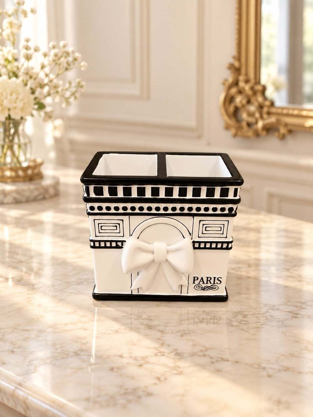 New Black & White Paris French Bathroom Polyresin Tooth Brush Holder Storage